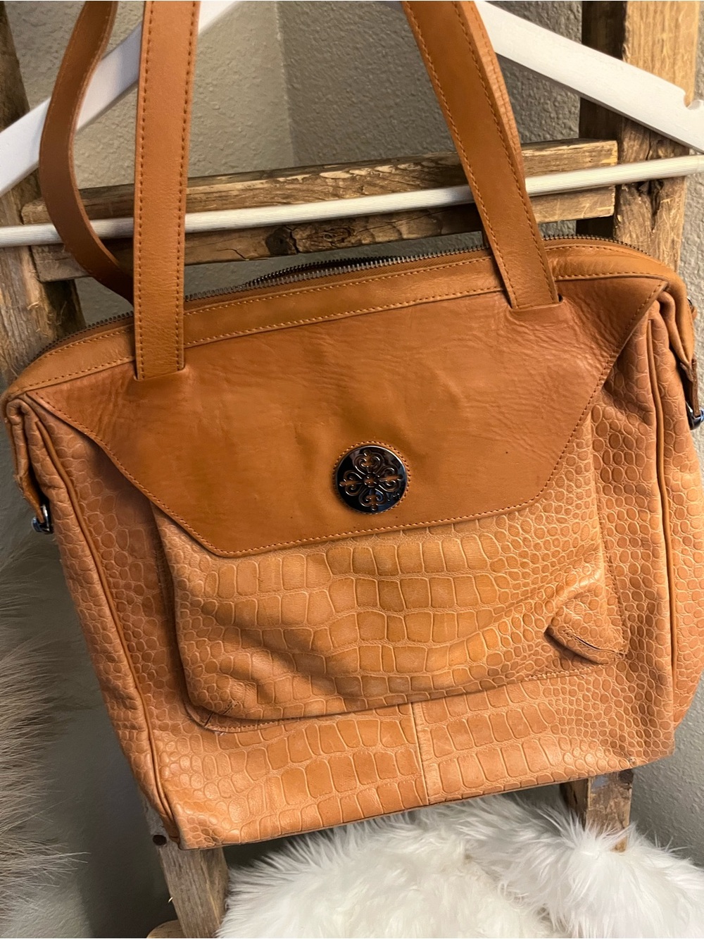 Cognac Croc-Embossed Tote Bag with Front Flap